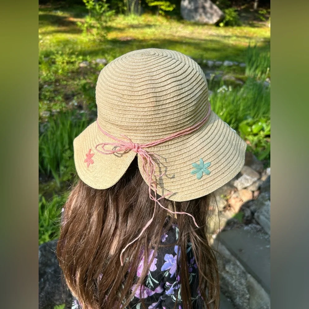Floral Straw Sun Beach Gardening Hat | Toddler Girl | Fits 2T–4T